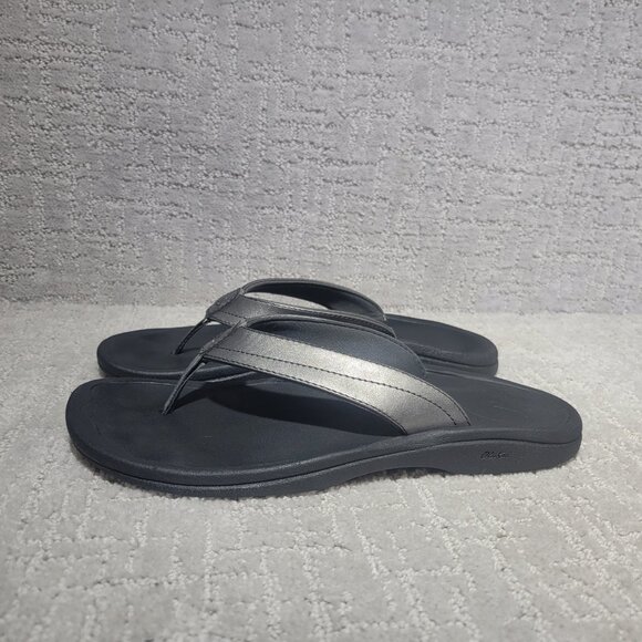 Olukai Ohana Women's Size US 9 Silver Pewter Leather Slip On Flip Flop Sandals - Picture 4 of 10